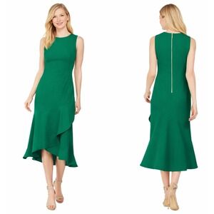 Calvin Klein Flounce Midi Sheath Dress Size 18W Jade Green Ruffle Sleeveless